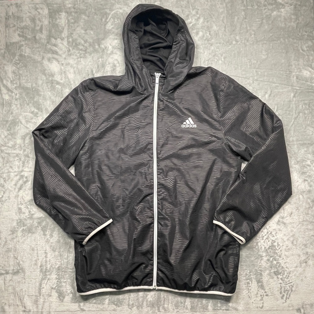 Adidas Windbreaker Jacket Mens XL Black Striped Full Zip Hooded Mesh Lined